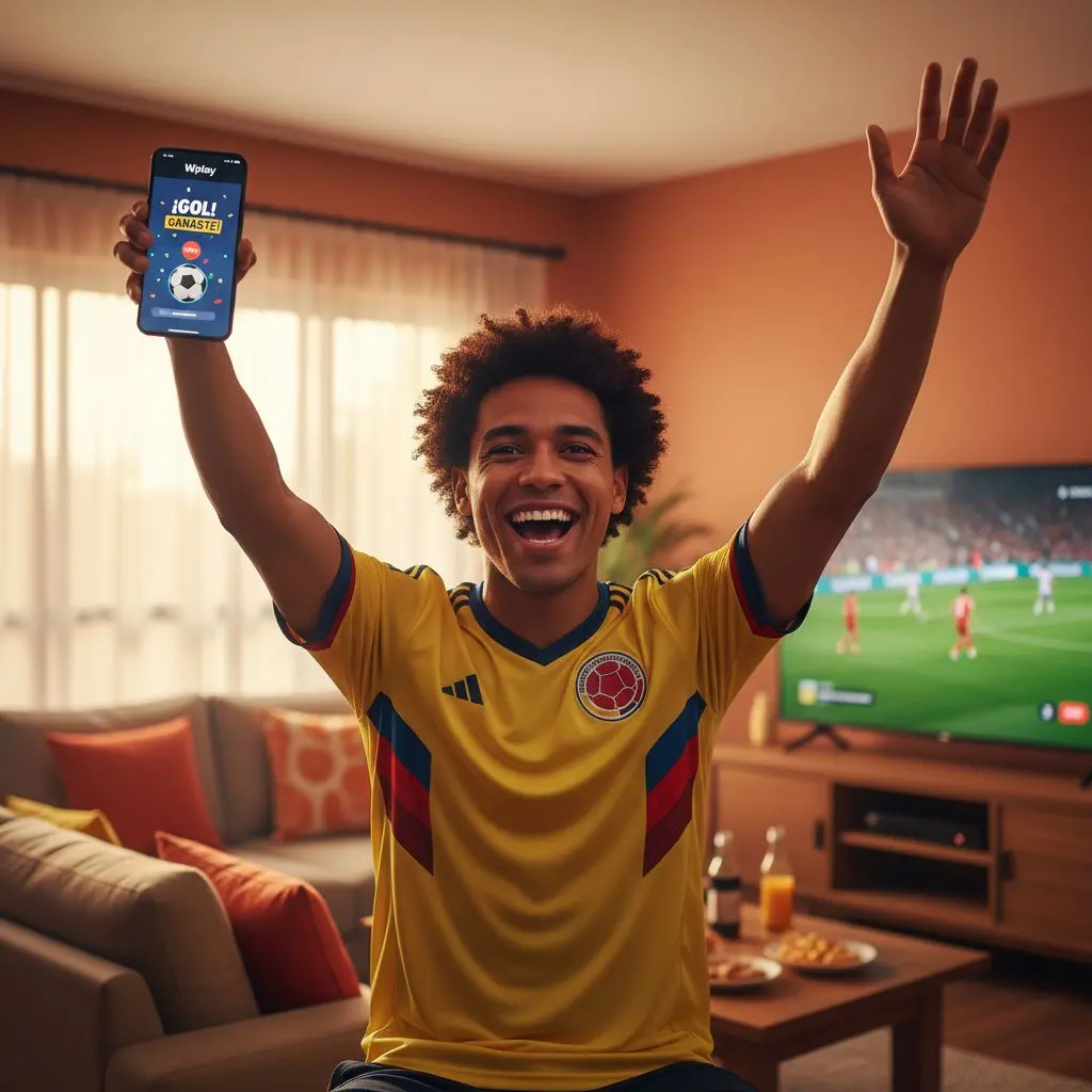 Apostador colombiano celebrando una apuesta ganadora en Wplay desde su celular