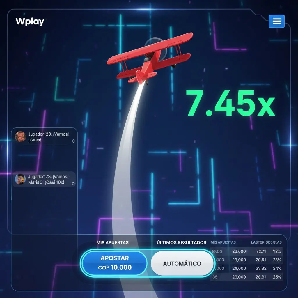Interfaz del juego Aviator en Wplay mostrando avión, multiplicador y opciones de apuesta