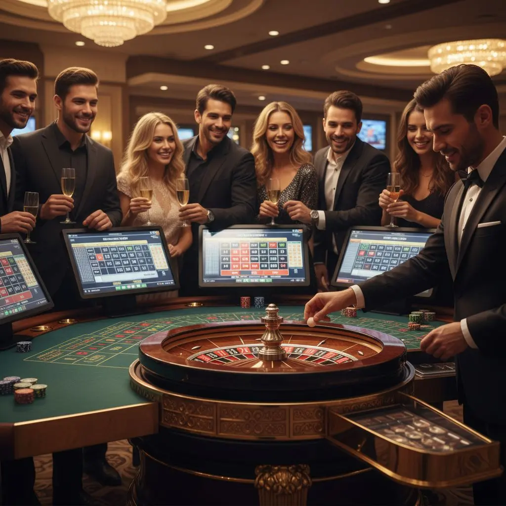 Dealer lanza bola en mesa de ruleta de casino Wplay en vivo, jugadores interactúan en directo.