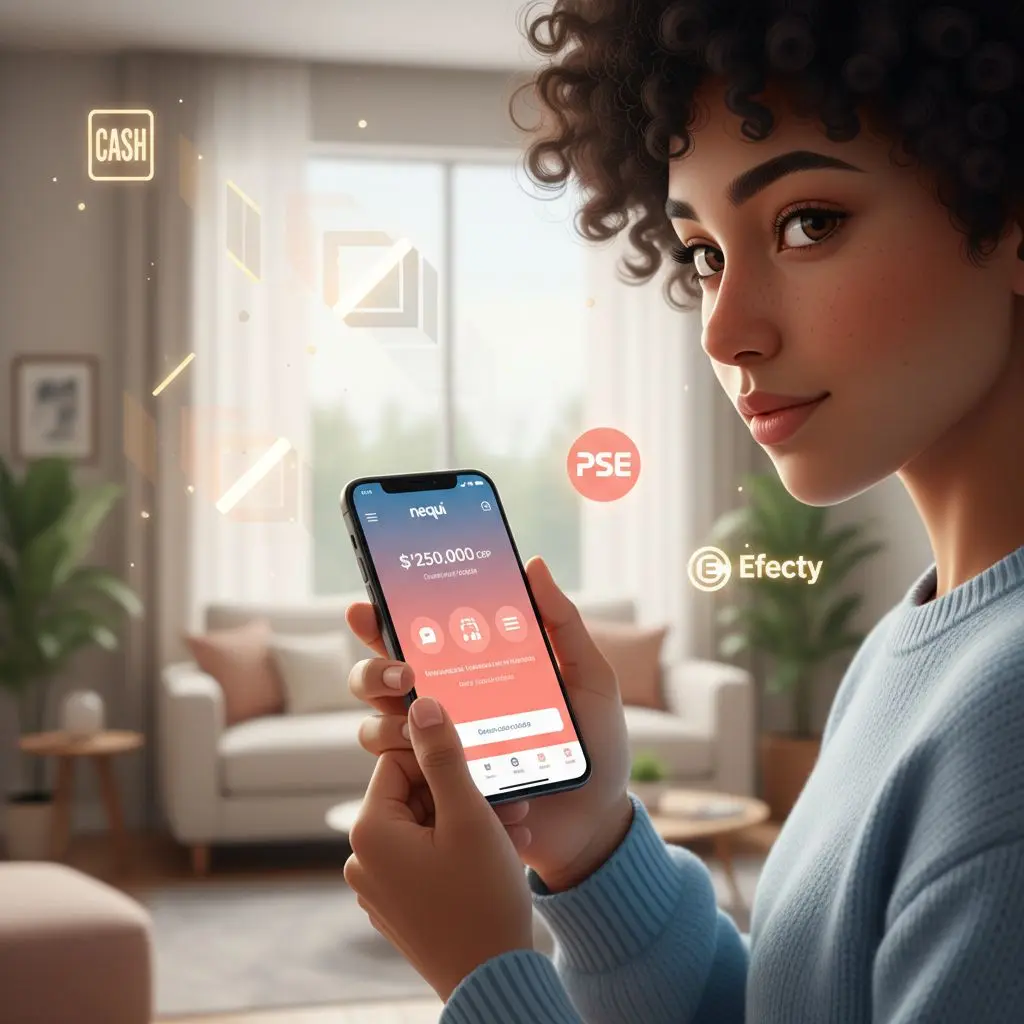 Colombiano recargando Wplay con Nequi en su móvil, logos de PSE y Efecty al fondo