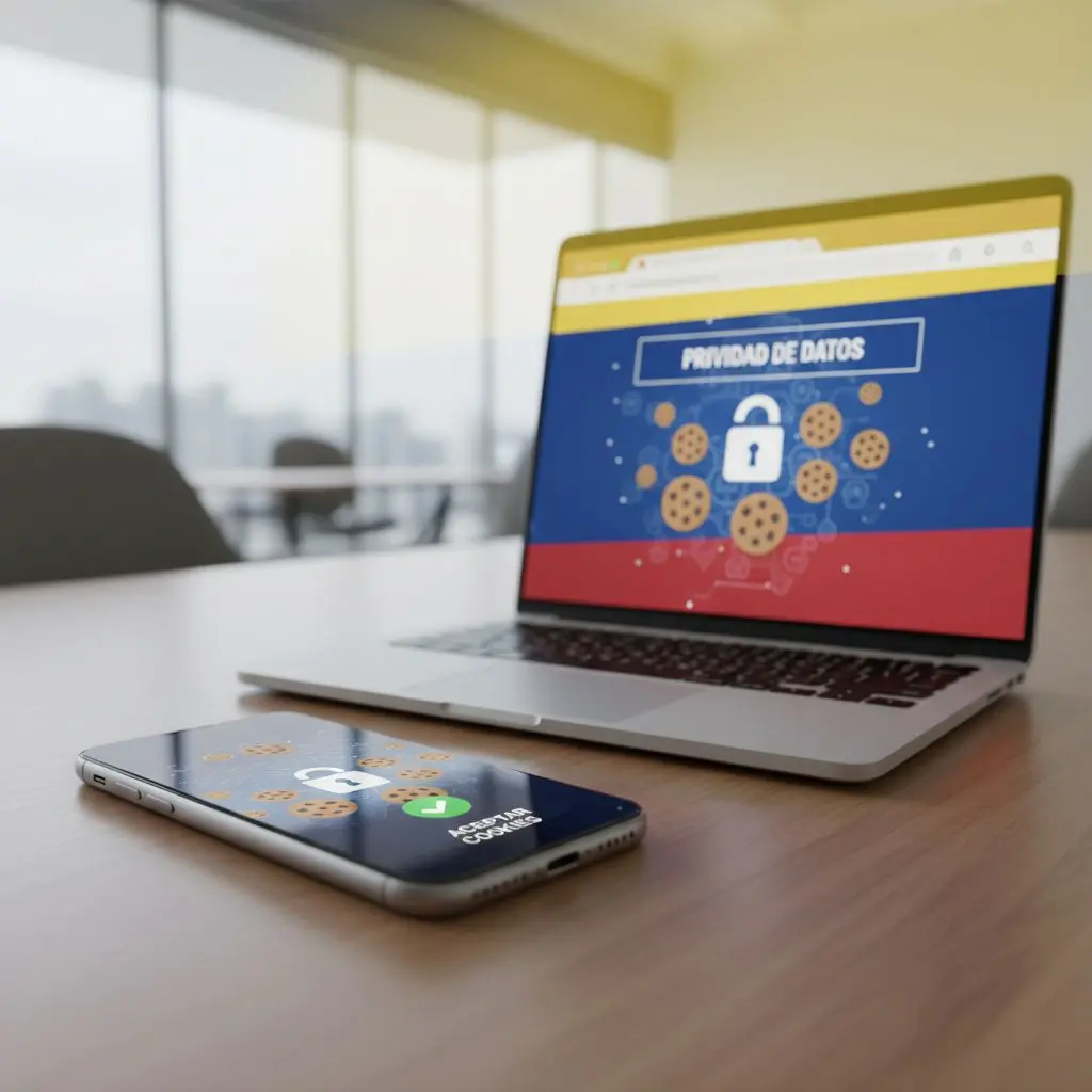 Dispositivos mostrando cookies digitales y símbolos de seguridad en contexto colombiano