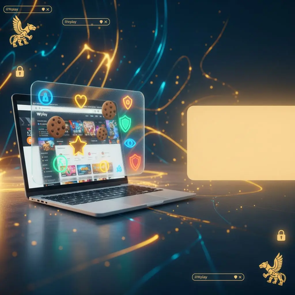 Banner digital con laptop mostrando Wplay, íconos de cookies y símbolos de privacidad, estilo moderno y colombiano