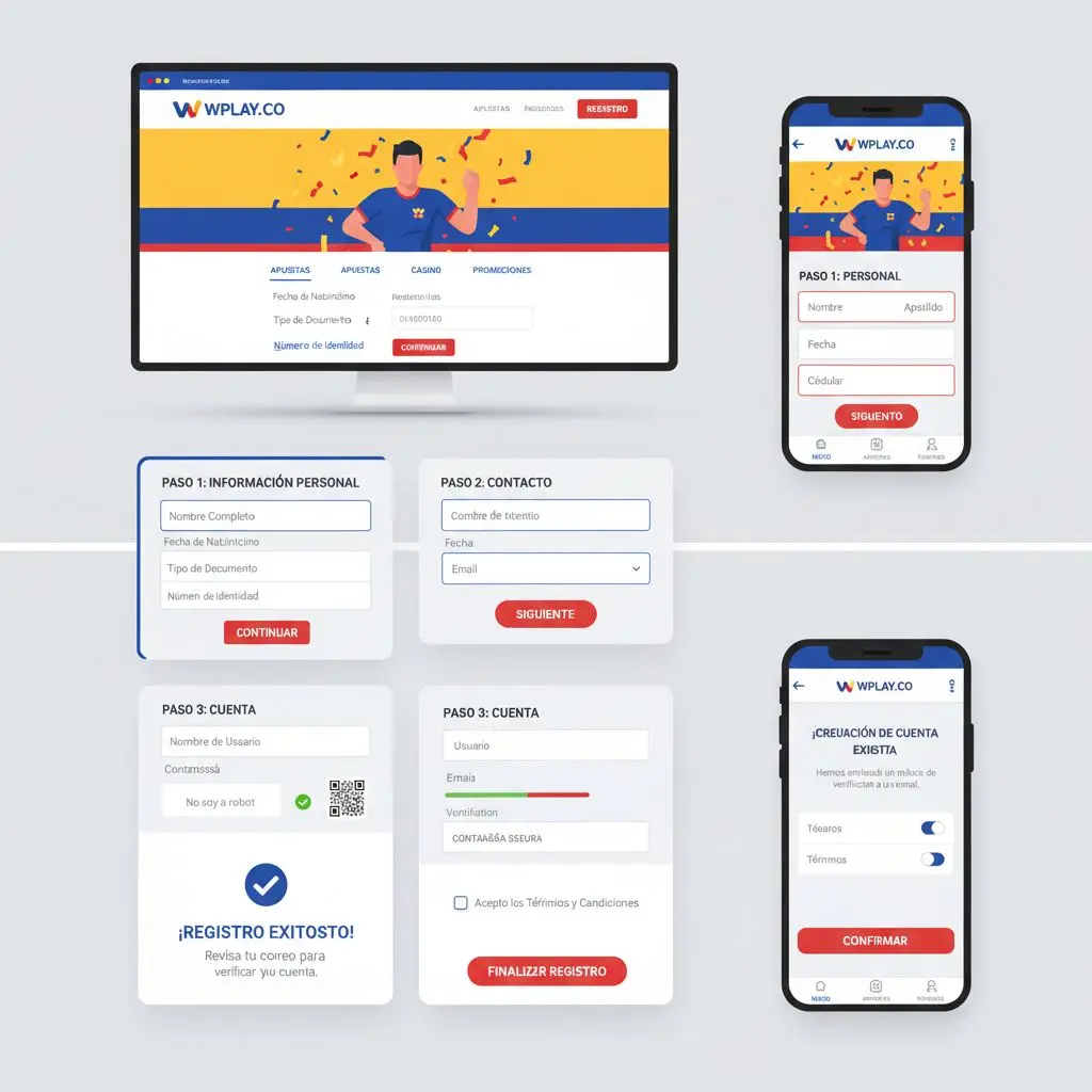 Ilustración de proceso paso a paso para registrarse en Wplay en computador y móvil