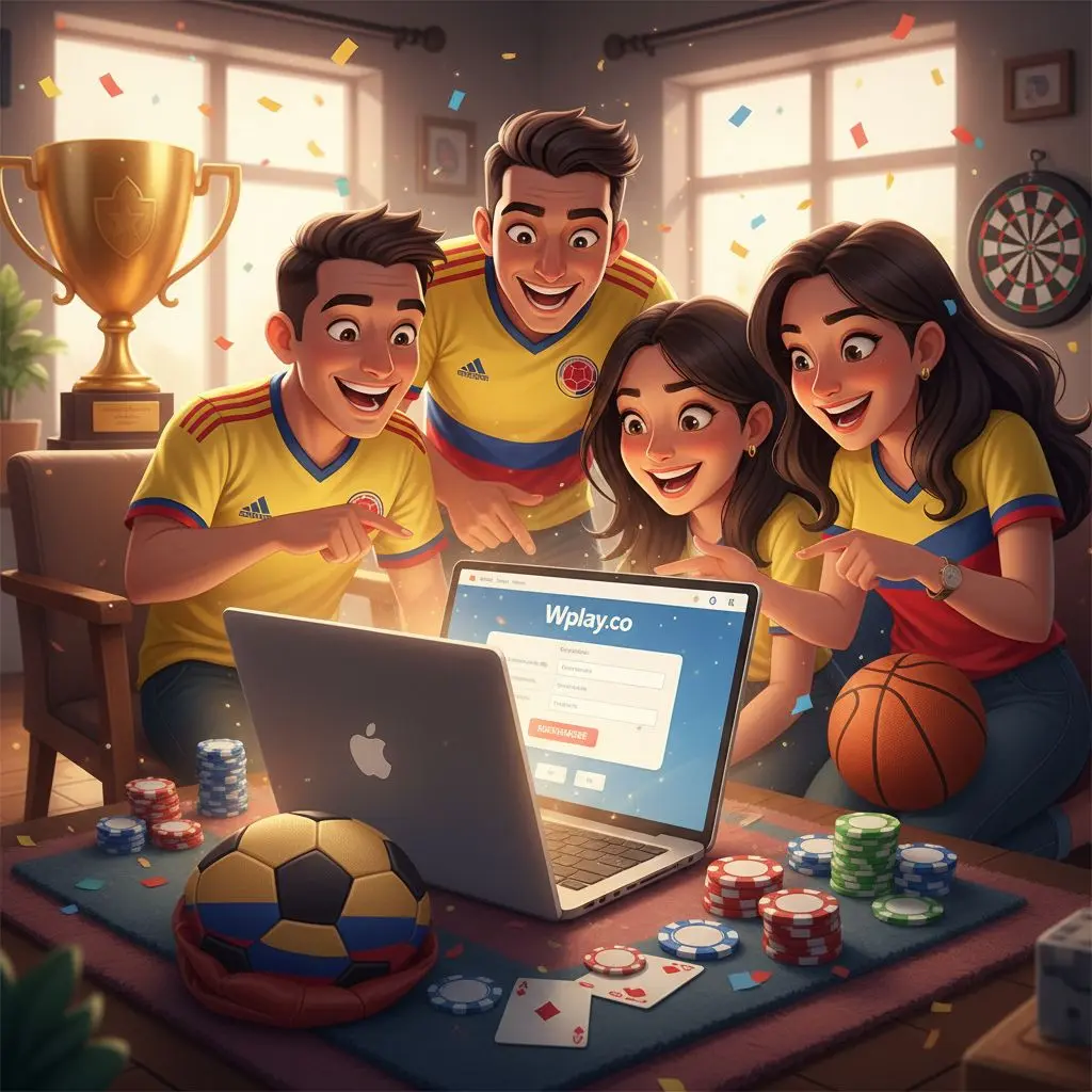 Usuarios colombianos explorando el registro en Wplay en portátil, con ambiente deportivo y de casino